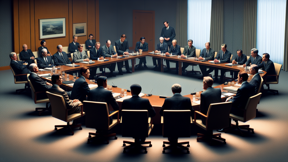 alt_text: Group of diplomats engaged in discreet conversation, wearing formal attire, in a conference room.