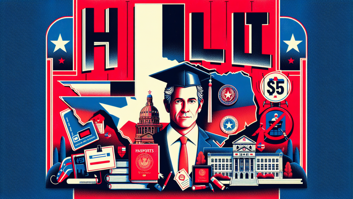 alt_text: "Texas map overlay with H-1B visa and university icons signaling a diverse clash."