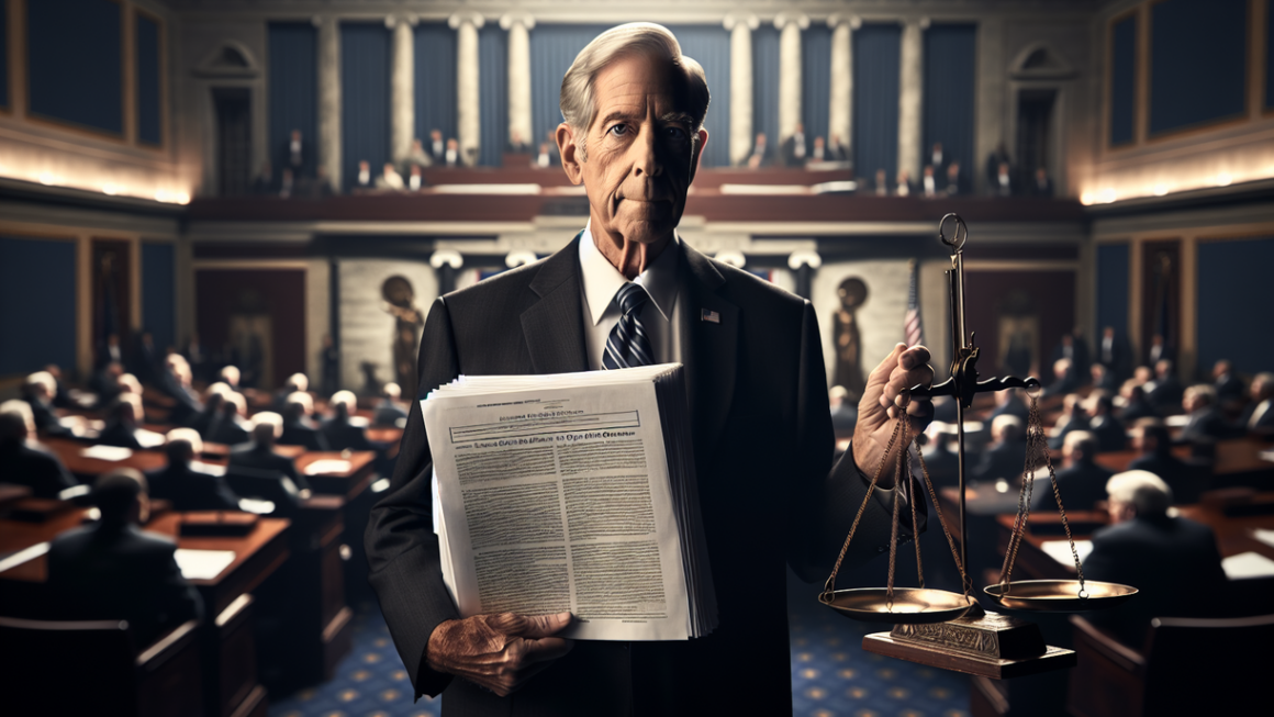 alt_text: A senator on stage, spotlighted, gestures passionately while holding a large spending report.