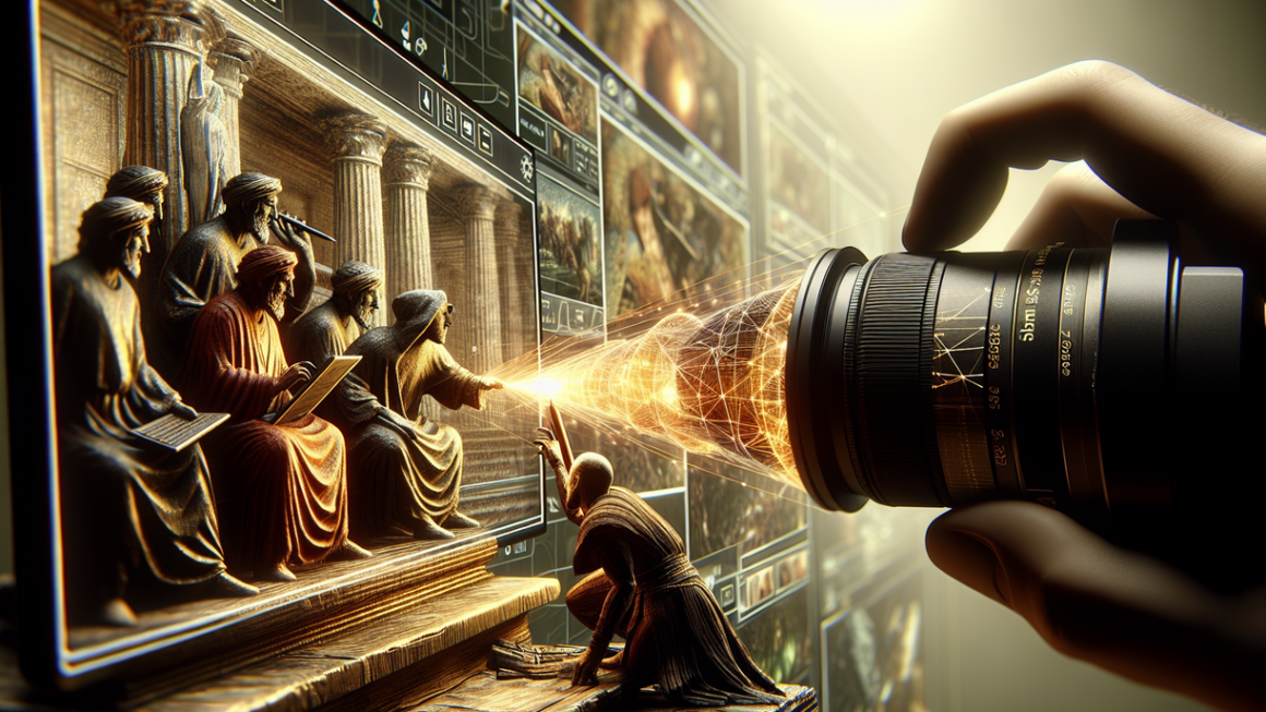 alt_text: "Digital screens reshape historical artifacts, blending ancient tales with modern narratives."