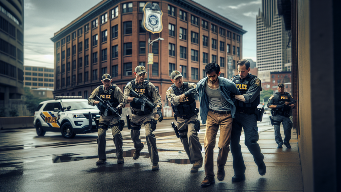 alt_text: A tense standoff in Pittsburgh featuring contrasting elements of modern and historical context.