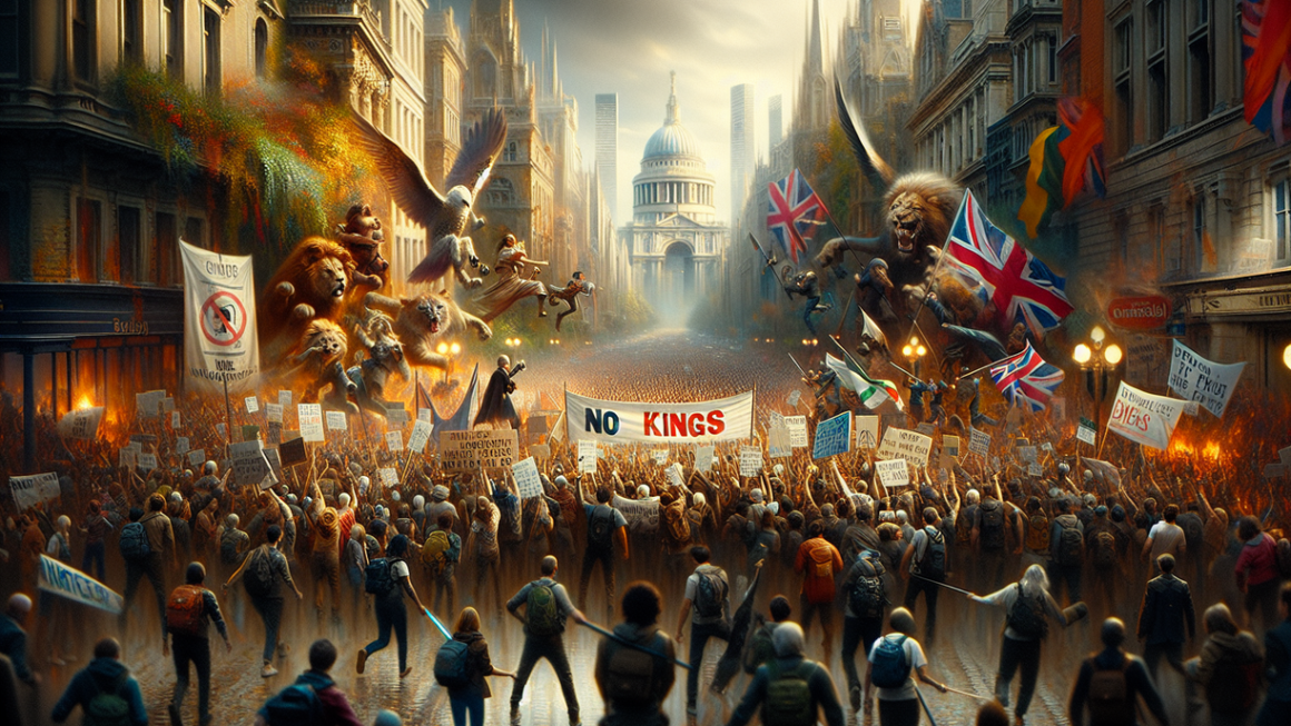 alt_text: A protest crowd holds "No Kings" signs, rallying on U.S. streets amidst rising tension.