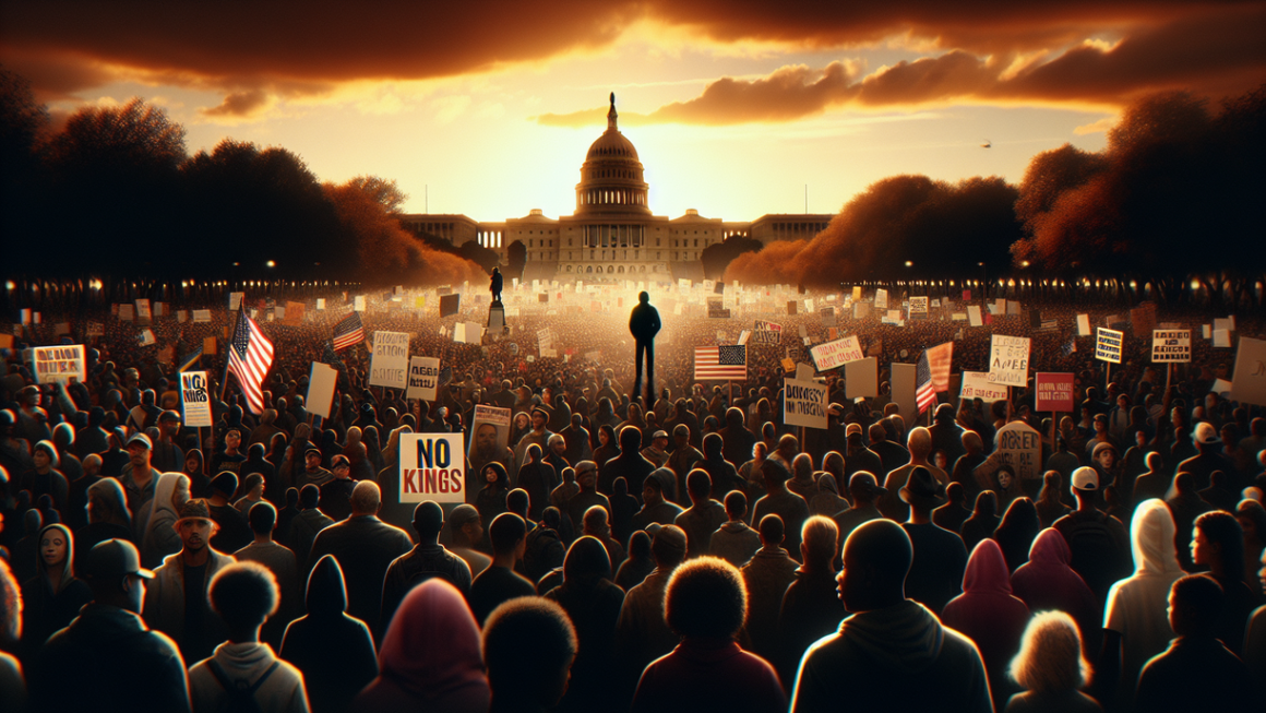 alt_text: "Political rally with 'No Kings Awakening' banner and diverse crowd holding signs."