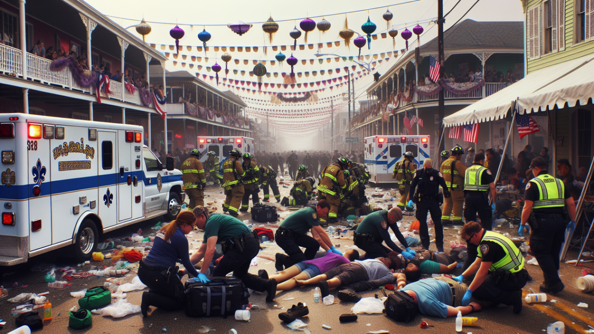 alt_text: Emergency responders assist at crash scene as parade attendees stand by, scattered debris visible.