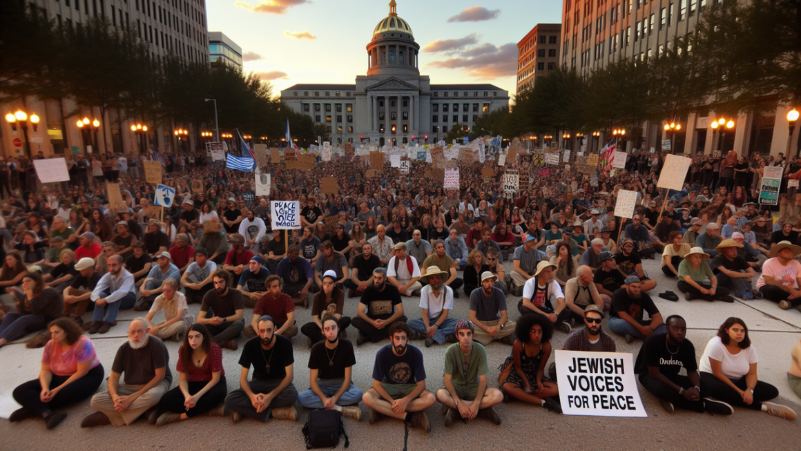 "alt_text": "Crowds protest against bomb sales, impacting national politics with signs and chants."