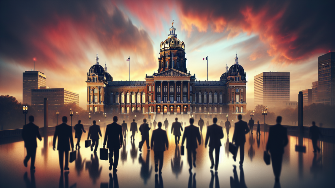 alt_text: People gather at Iowa Capitol for the Saturday Showdown event amidst vibrant banners.